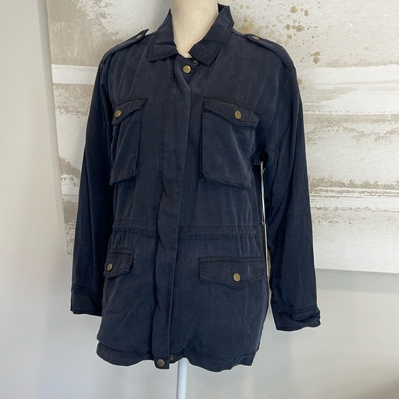 Navy Blue Moto Drawstring Waist button sleeve jacket - Picture 1 of 11